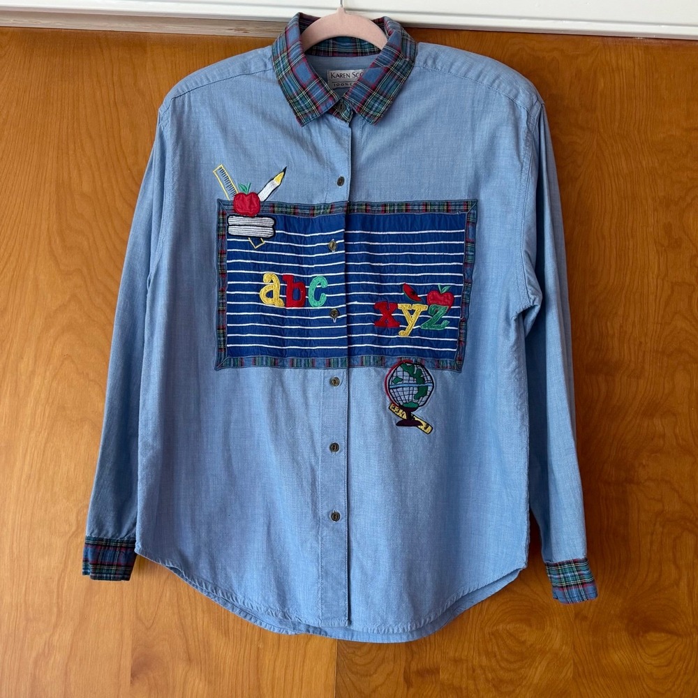 Vintage Karen Scott ABC Teacher Core Appliqué Chambray Shirt 90's Plaid Trim